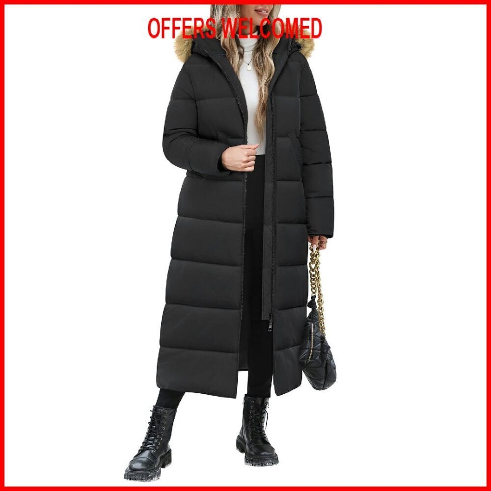 Long Winter Puffer Coat with Removable Hood, Quilted Down Jacket